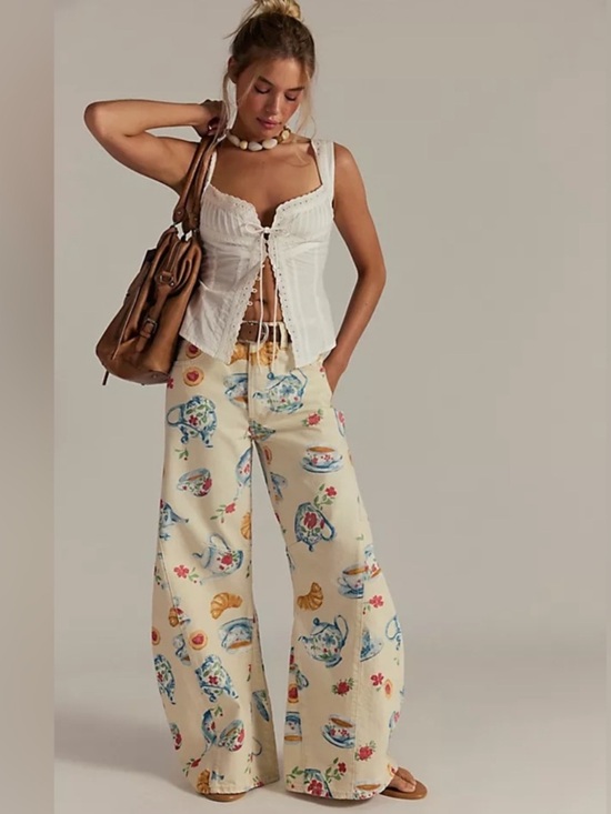 Free People Denim - Wide-Leg Tea Party Print Jeans — Cream